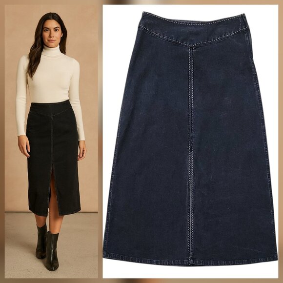 VTG Liz Claiborne Black Denim Midi Skirt Contrast Stitching and Front Slit 8P - Picture 1 of 14